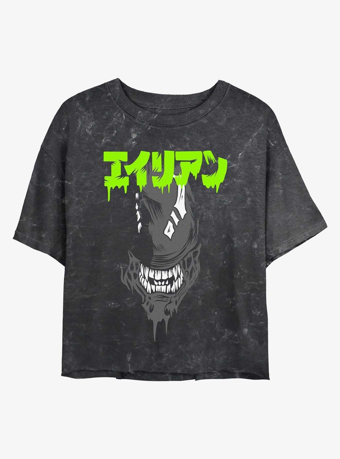 Alien Big Face Kanji Girls Mineral Wash Crop T-Shirt | Trending Graphic Tee For Fans