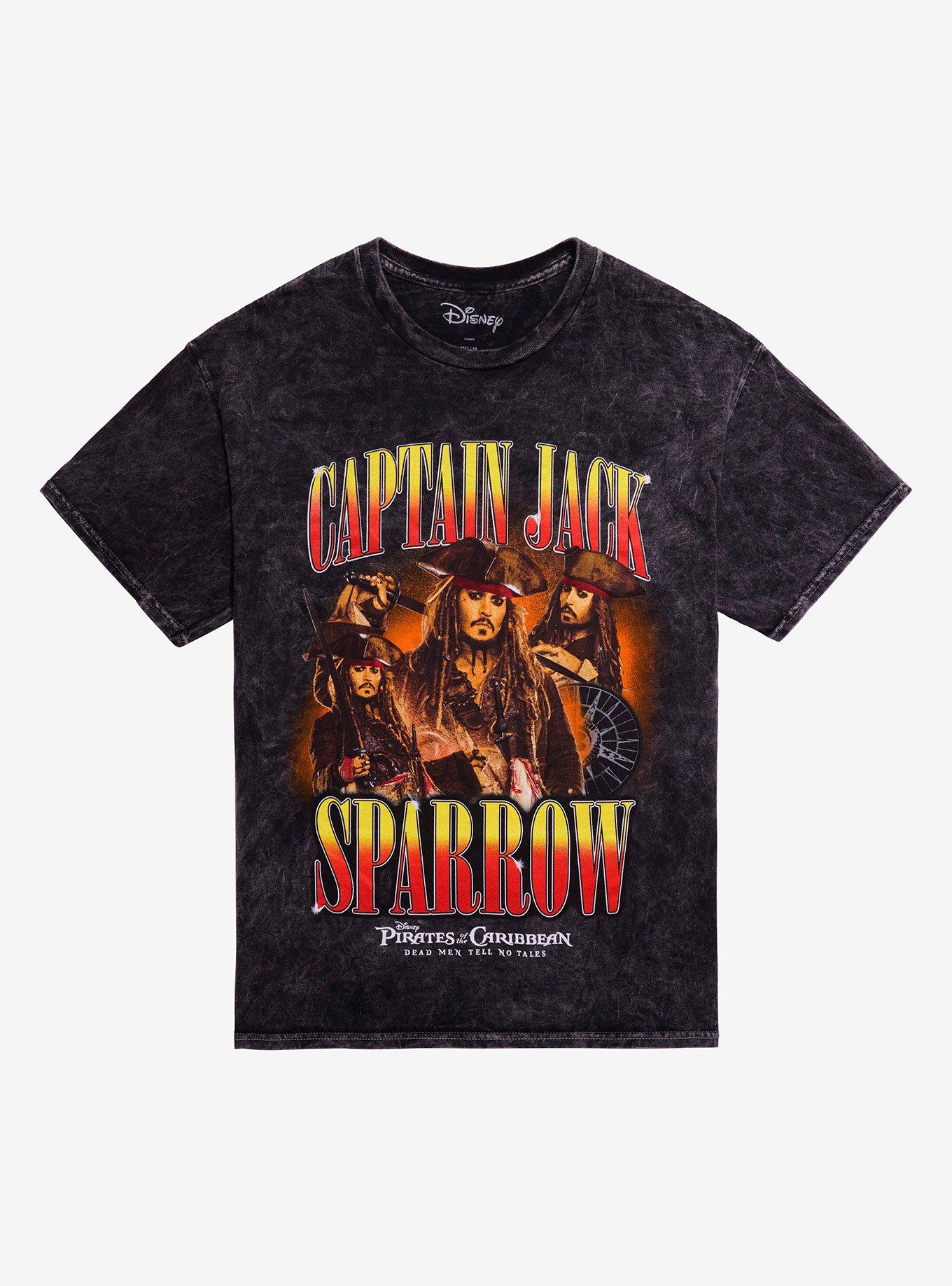 Disney Pirates Of The Caribbean Dead Men Tell No Tales Jack Sparrow Collage Dark Wash T-Shirt | Trending Graphic Tee For Fans