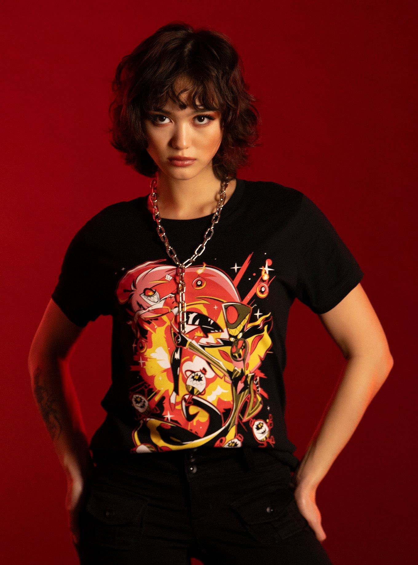 Hazbin Hotel Cherri Bomb & Sir Pentious Boyfriend Fit Girls T-Shirt | Trending Graphic Tee For Fans