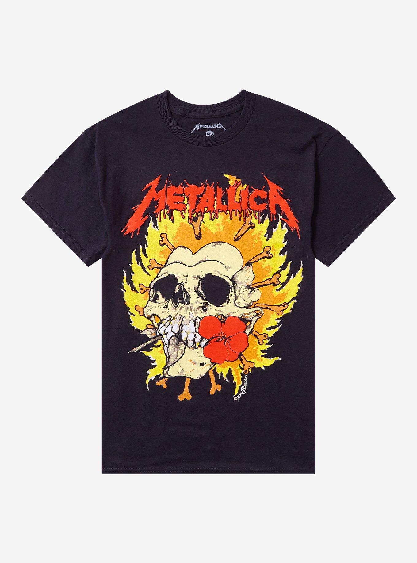 Metallica Flaming Skull & Flower Puff Paint T-Shirt | Trending Graphic Tee For Fans