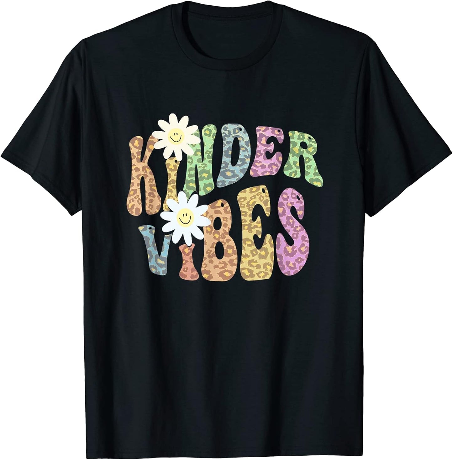 Groovy KINDER VIBES Teacher Leopard Print Kindergarten Retro Apparel Comfort Fit Everyday Wear