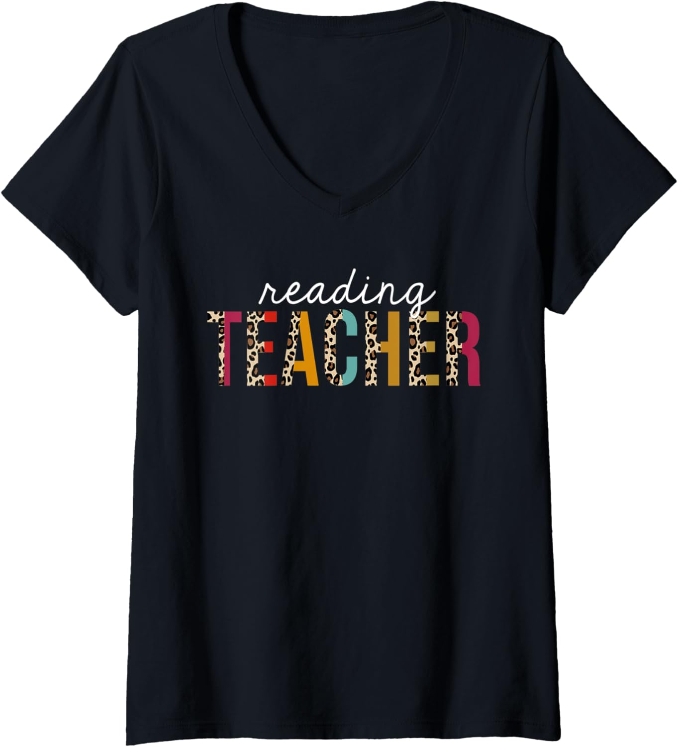 Womens Reading Teacher Leopard Print Funny Teaching Appreciation V Neck Apparel Streetwear Style US Top Pick