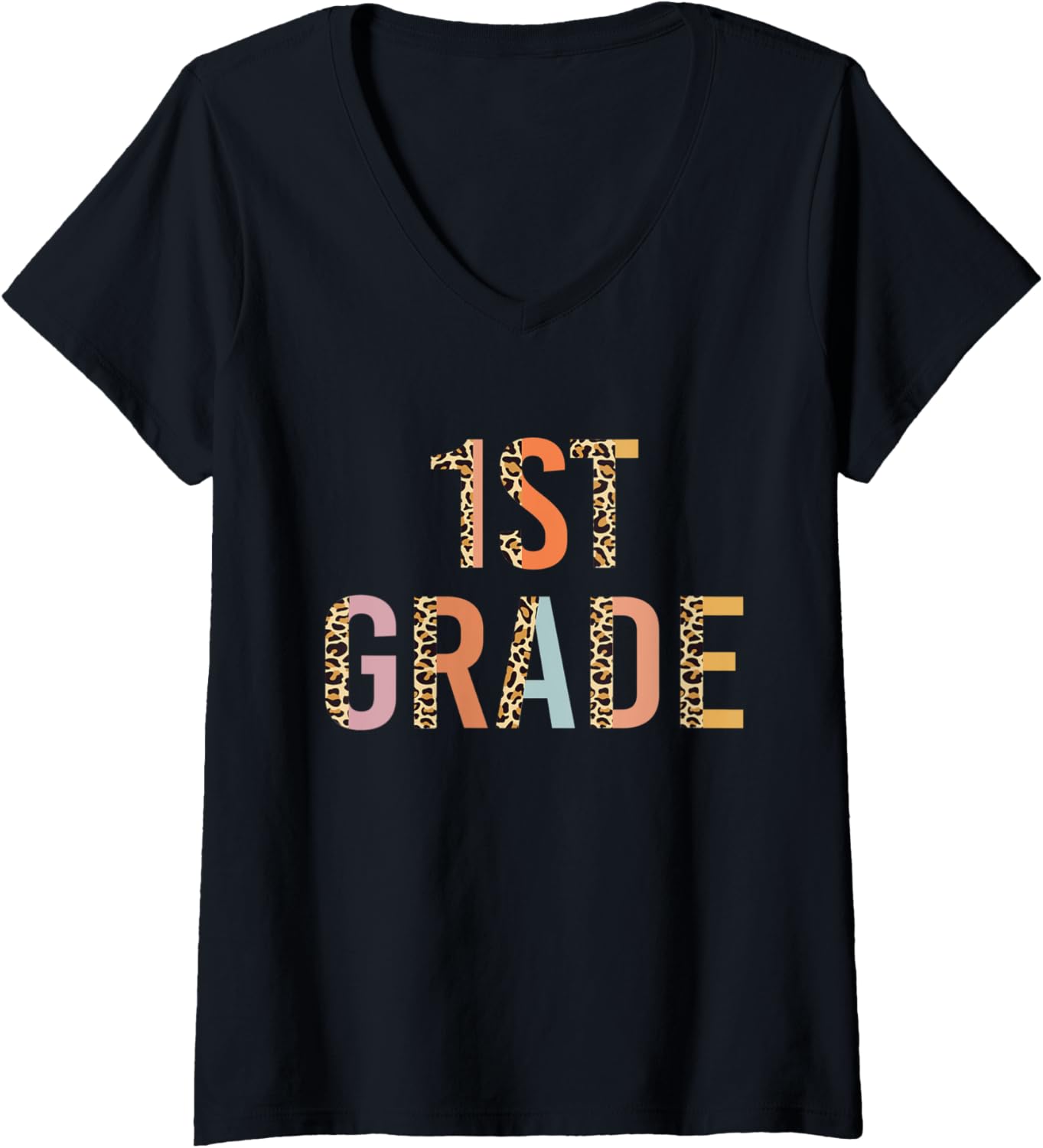 Womens Leopard 1st Grade Teacher Cute First Grade Back to School V Neck Apparel Trending US Everyday Wear