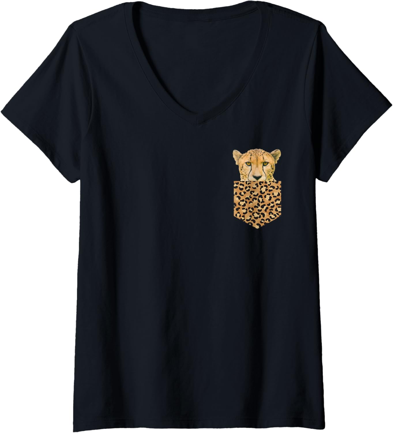 Womens Leopard Print Pocket Cheetah Peeking Cool Animal Lover V Neck Apparel Comfort Fit Gift Ready