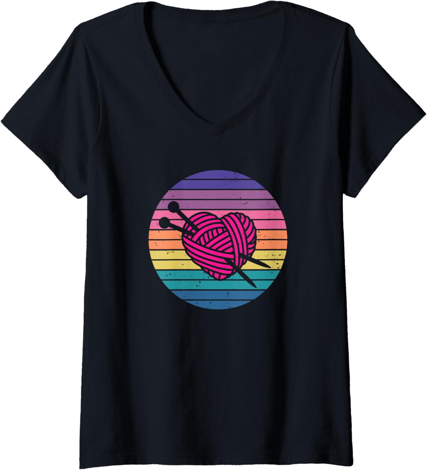 Womens I Love Knitting Hobby Yarn Heart Vintage Retro Sunset V-Neck Yarn Supply | Premium Quality | Perfect for Crafters
