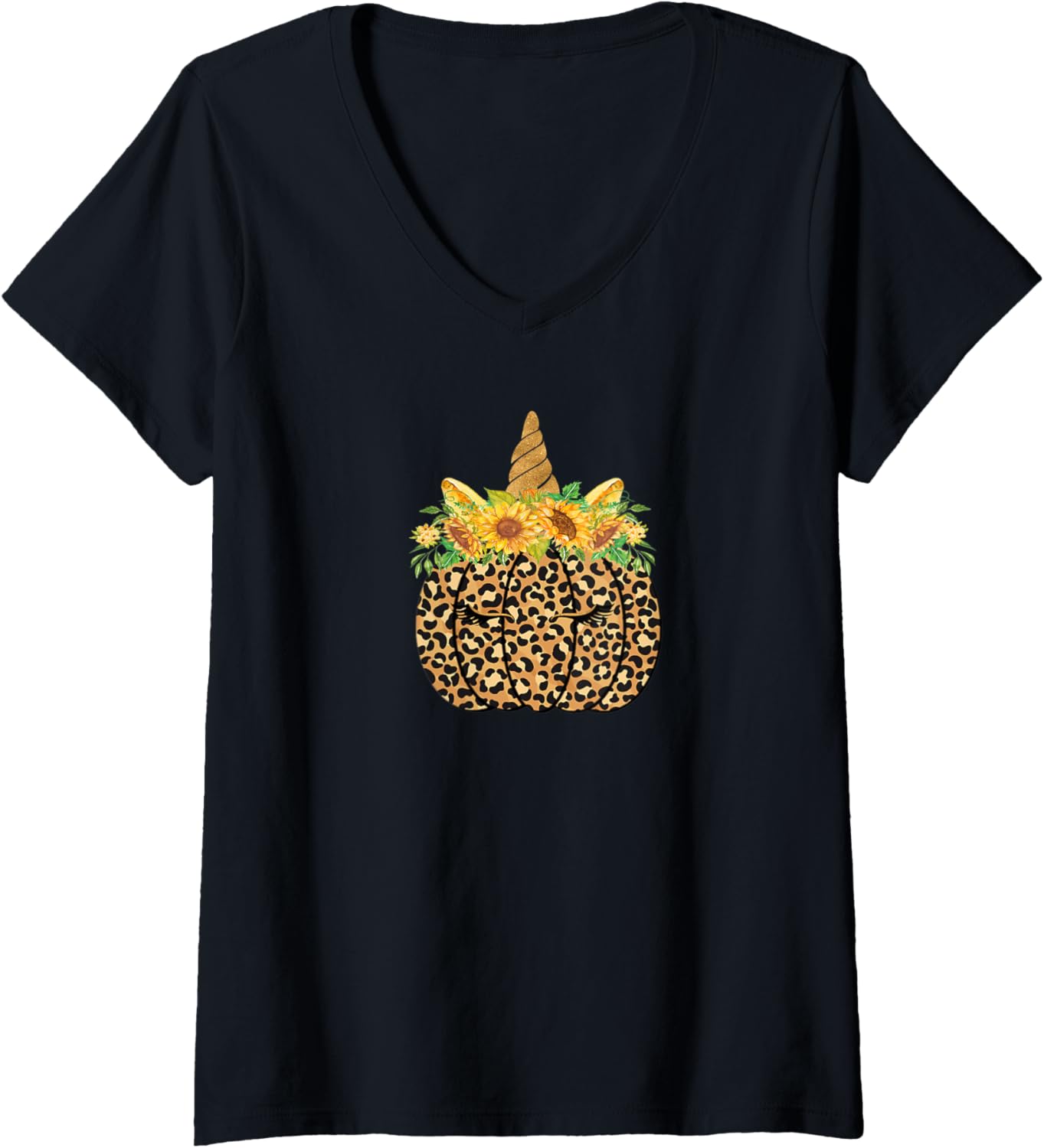 Womens Cute Unicorn Pumpkin Sunflower Cheetah Print Thanksgiving V Neck Apparel High Search Demand Best Seller Look