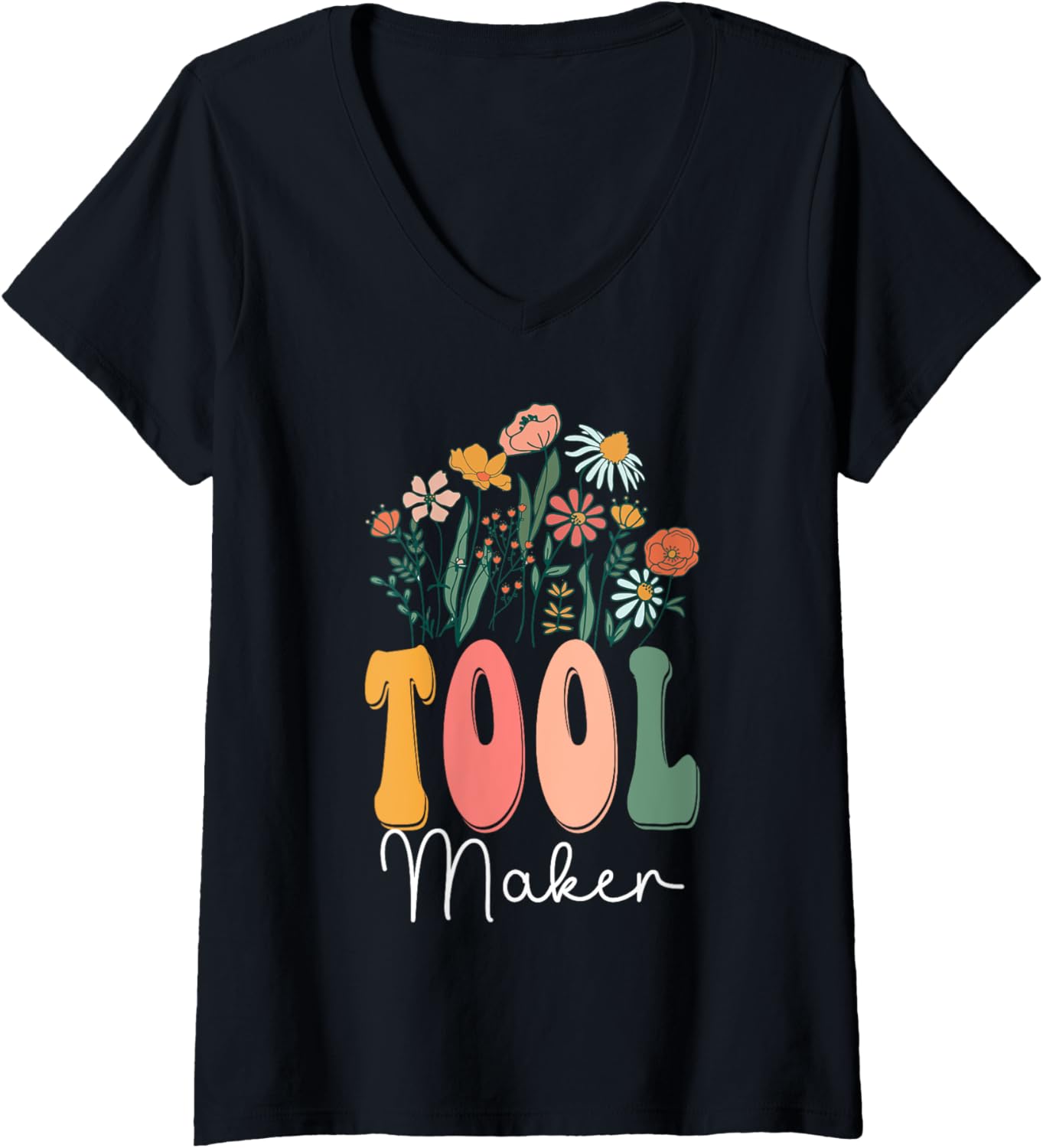 Retro Groovy floral Tool Maker Wildflower Tees For Women V-Neck T-Shirt | Best Seller Pick | Comfort Daily Wear