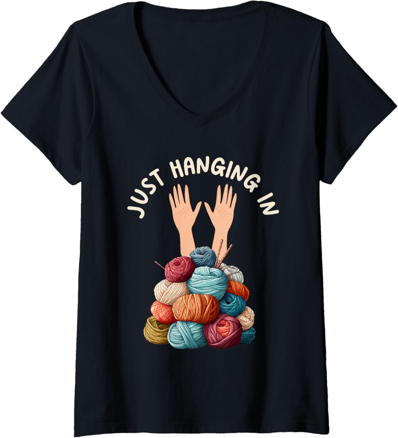 Womens Yarn Collection JUST HANGING IN Funny Yarn Collector V-Neck Yarn Supply | High Search Volume | Perfect for Cra...
