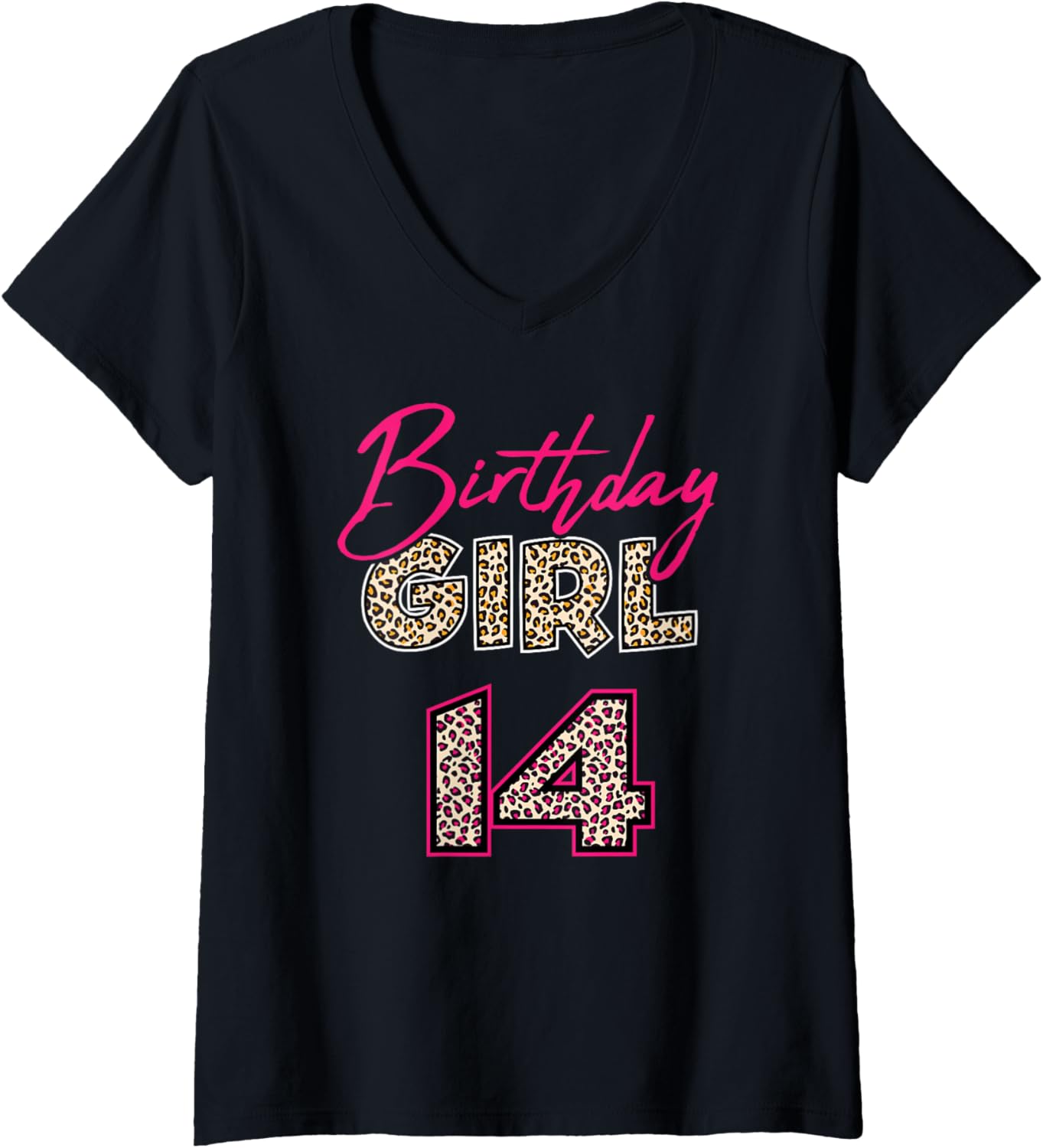 Womens 14th Birthday Girl Leopard 14 Years Old V Neck Apparel Viral TikTok Find US Top Pick