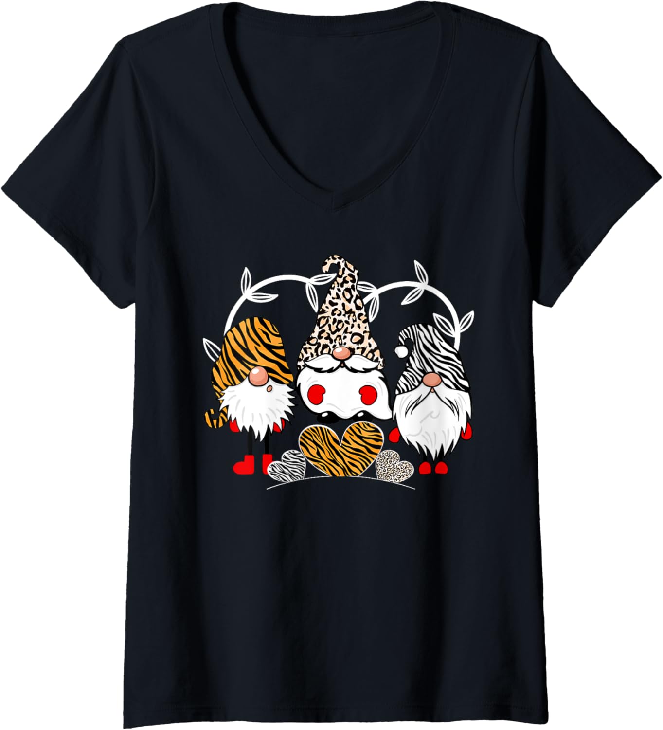 Womens Leopard Zebra Cheetah Tiger Print Heart Gnomes Animal Lover V Neck Apparel Premium Print Fan Favorite