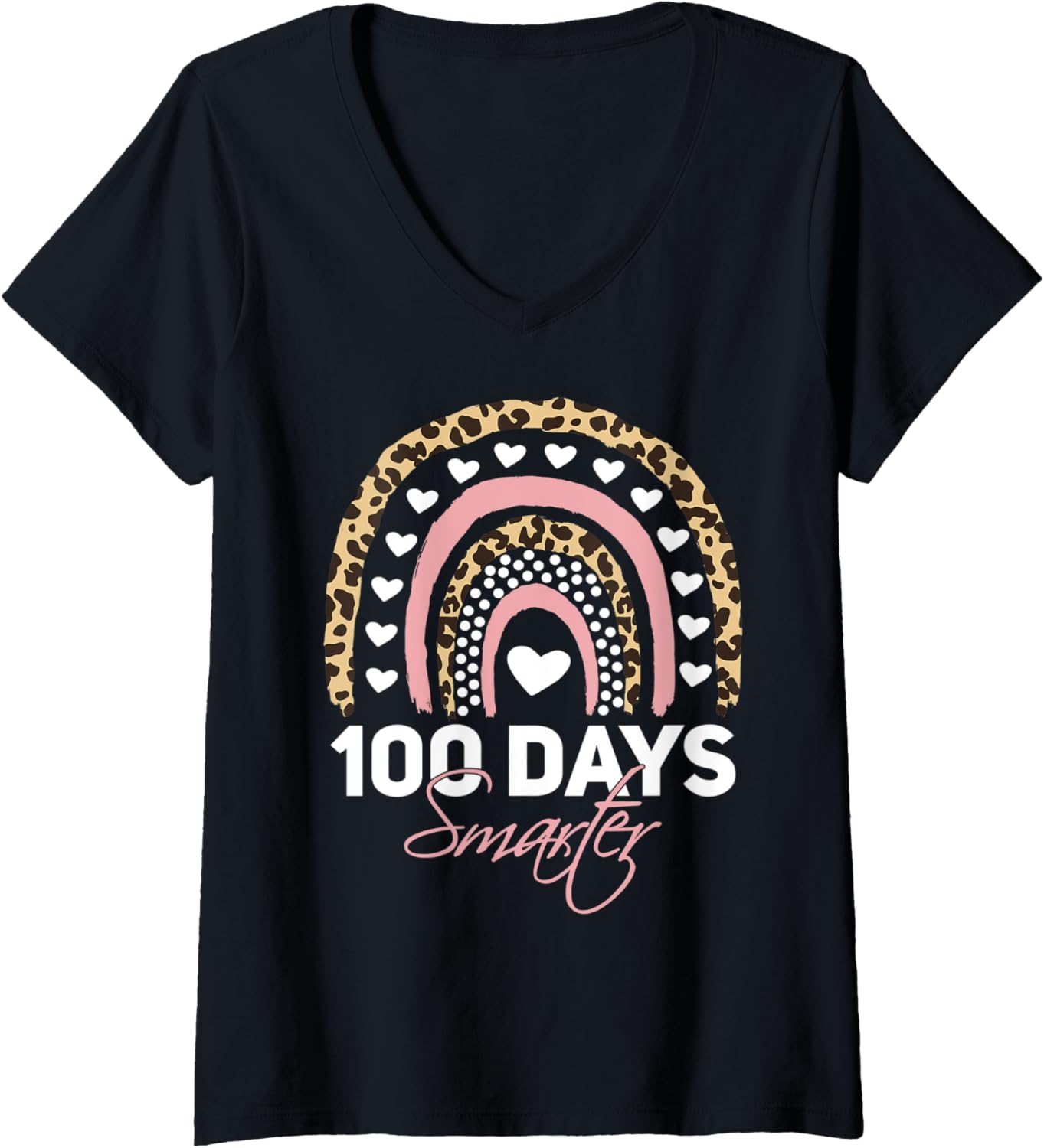 Womens 100 Days Smarter Teacher Tee Rainbow Cheetah Print Women Men V Neck T Shirt Viral TikTok Find Hot Right Now