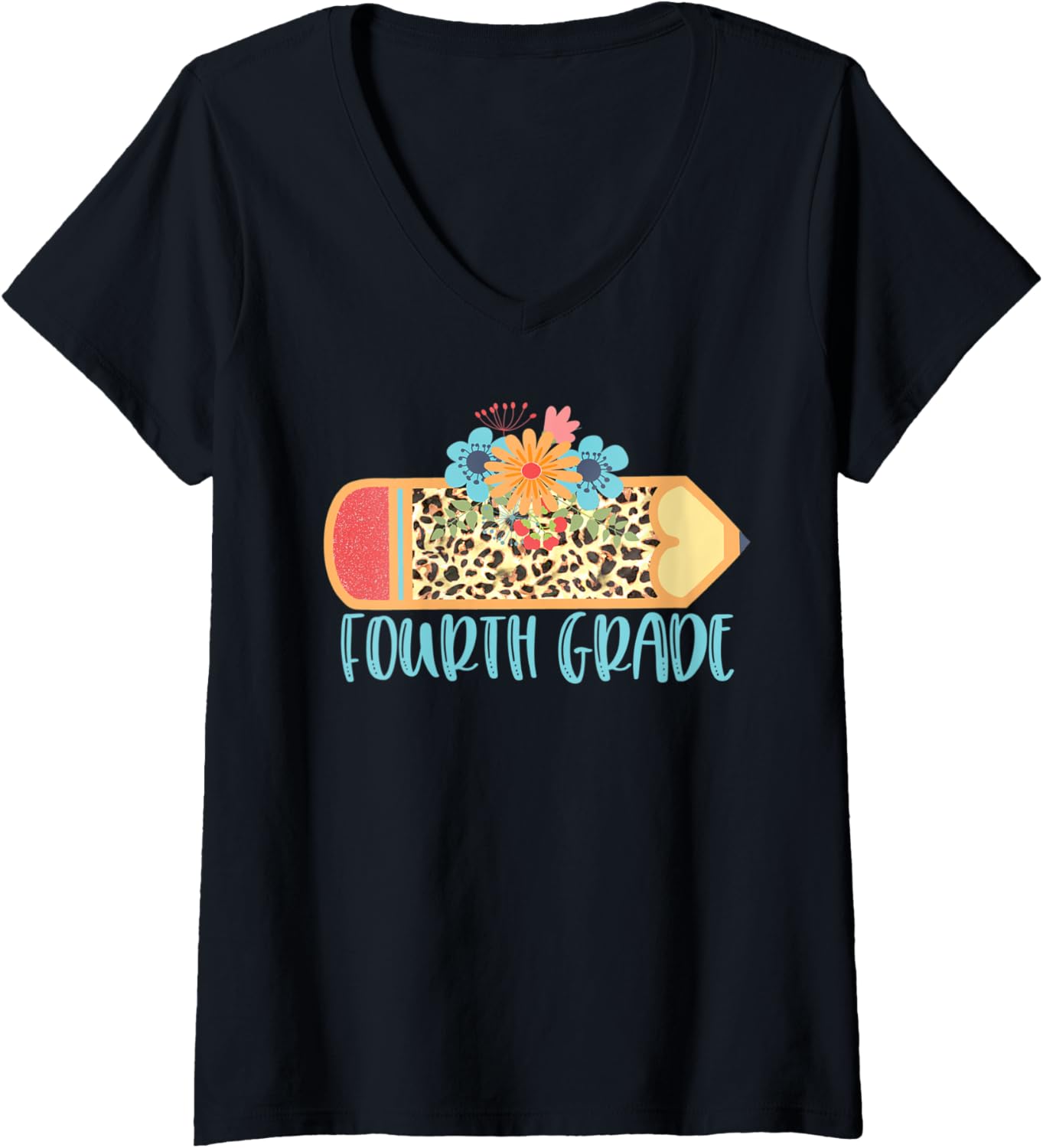 Womens FOURTH 4TH GRADE Pencil Leopard Cheetah Print Teacher V Neck Apparel Comfort Fit Gift Ready
