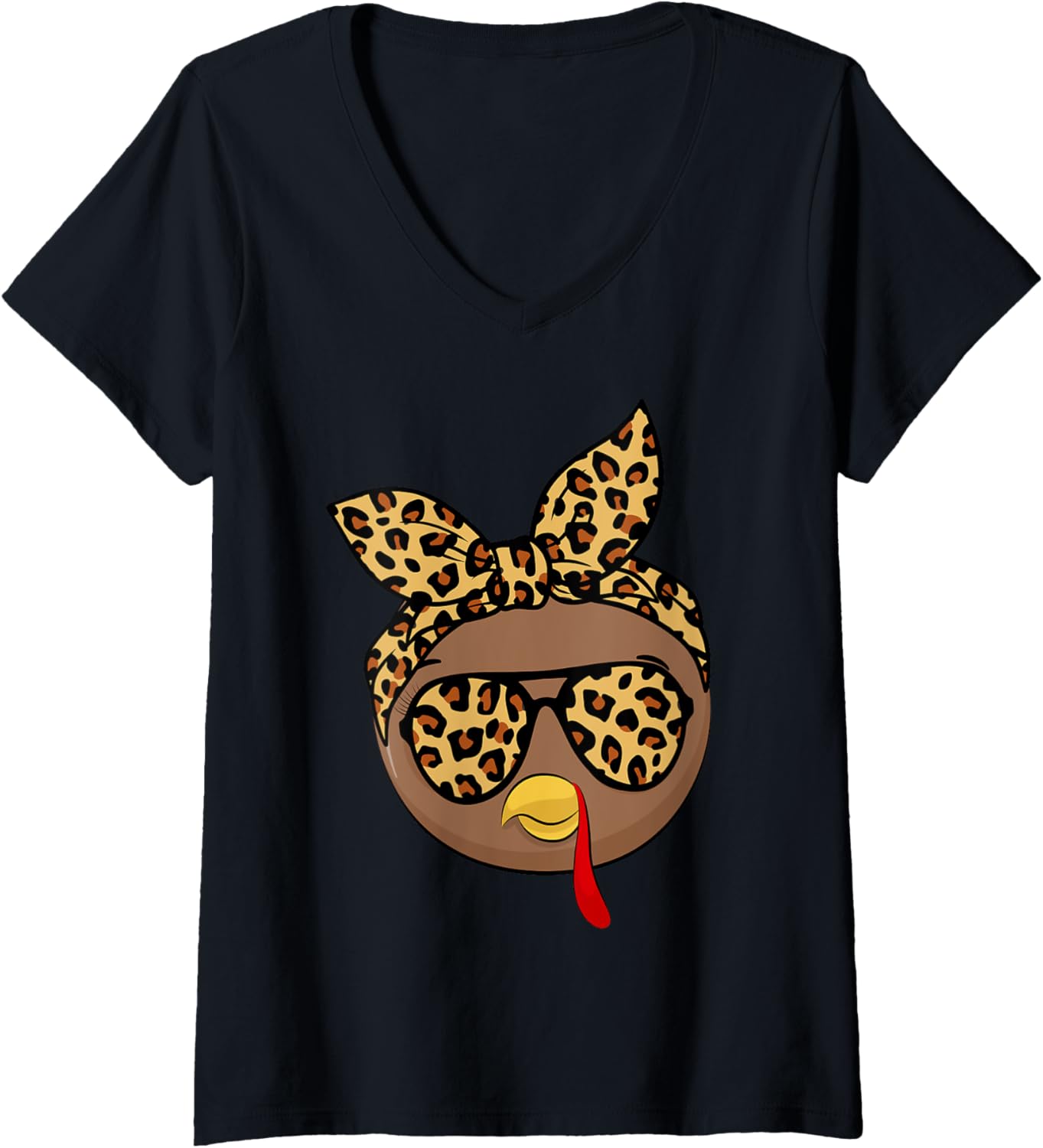 Thanksgiving Day Cute Turkey Face Cheetah Glasses Headband V Neck Apparel Comfort Fit Hot Right Now