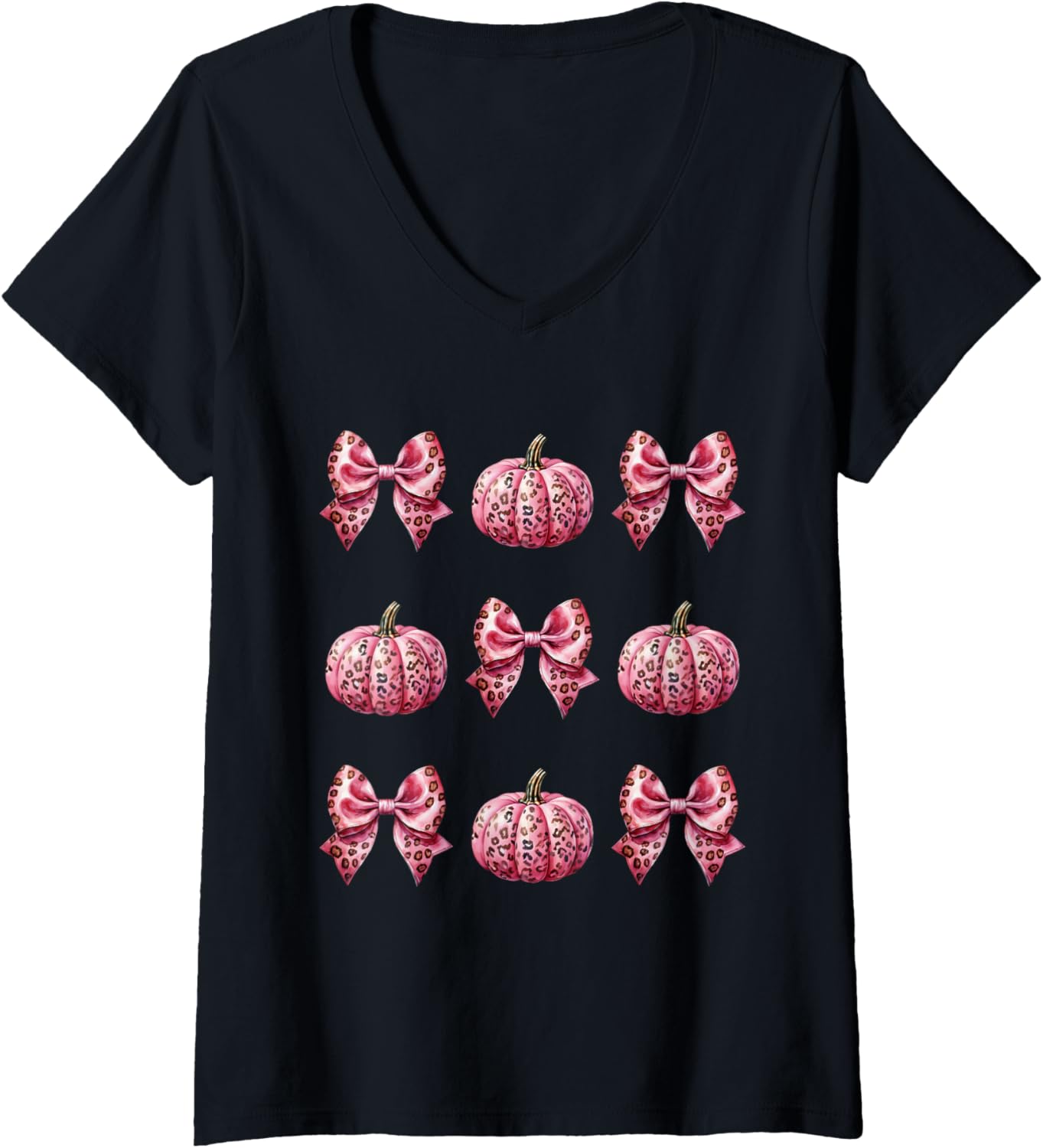 Womens Halloween Watercolor Pumpkin Cheetah Pink Print Coquette Bow V Neck Apparel Streetwear Style Fan Favorite