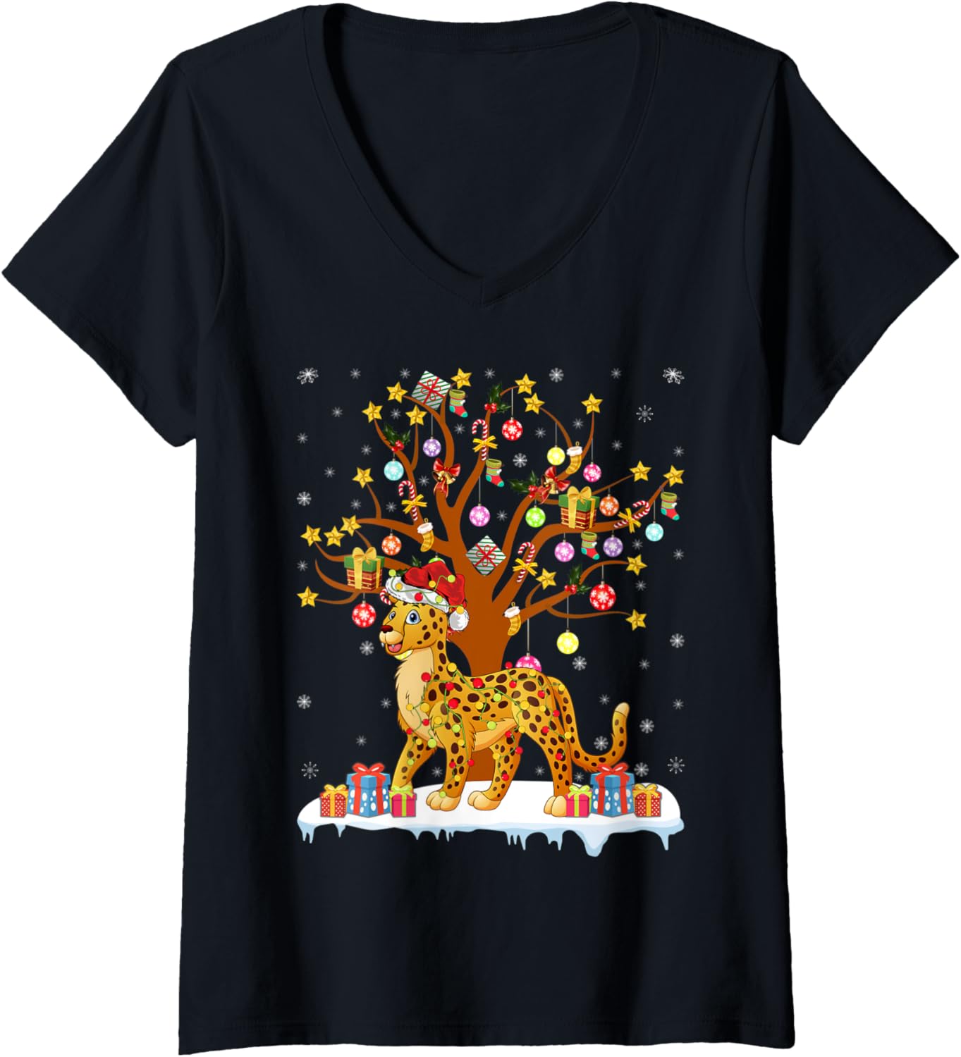 Womens Cheetah Lighting Xmas Tree Gift Cheetah Christmas Tree V Neck Apparel High Search Demand Everyday Wear
