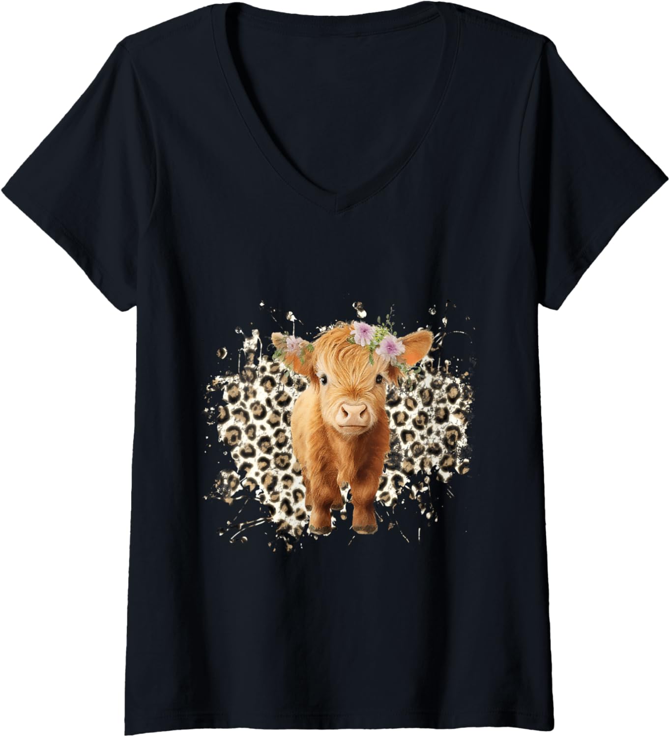 Highland Cow Leopard Cheetah Print Scotland Trendy Flowers V Neck Apparel Streetwear Style US Top Pick