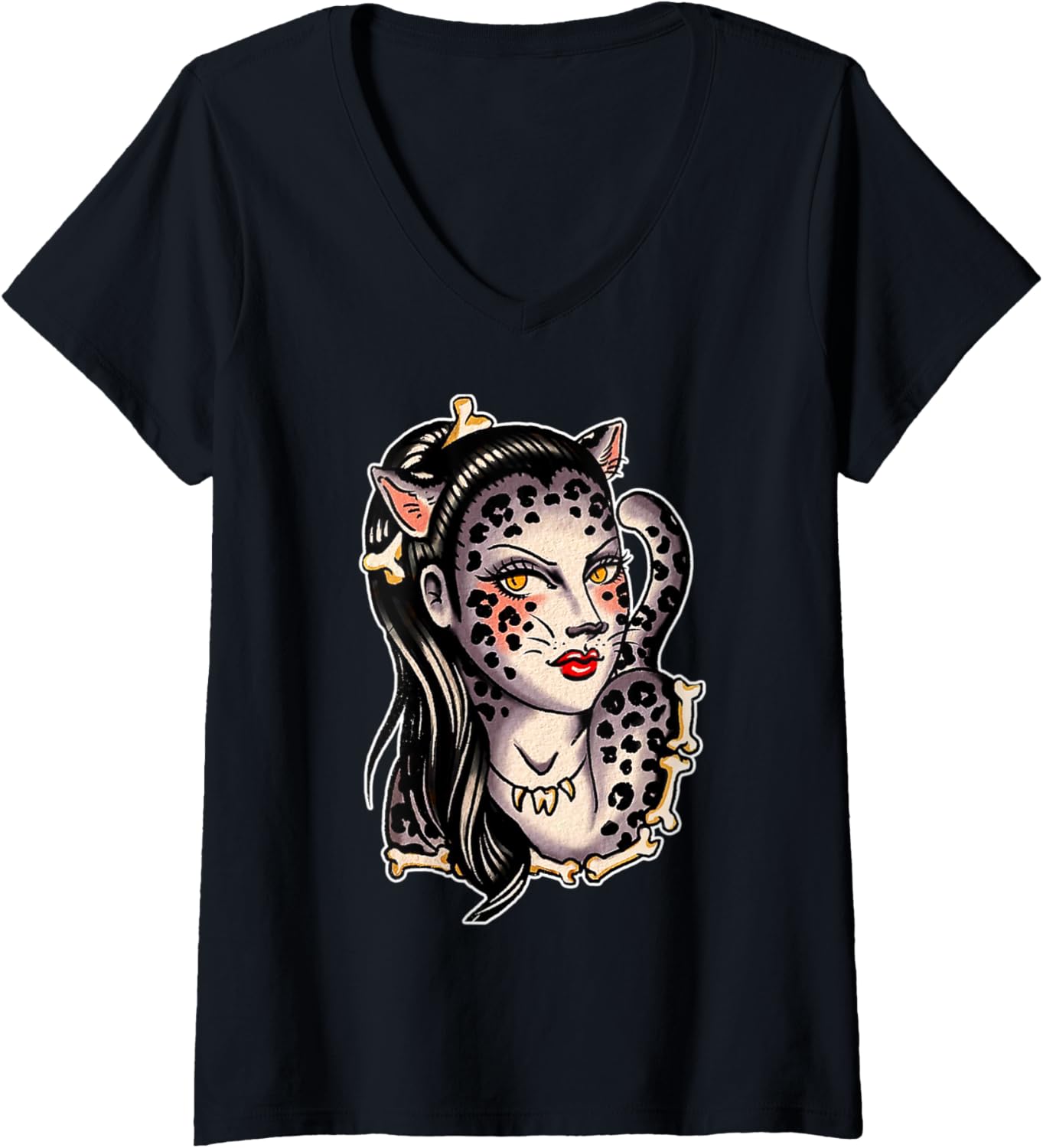 Womens Cheetah Girl x Bones V Neck Apparel Premium Print US Top Pick