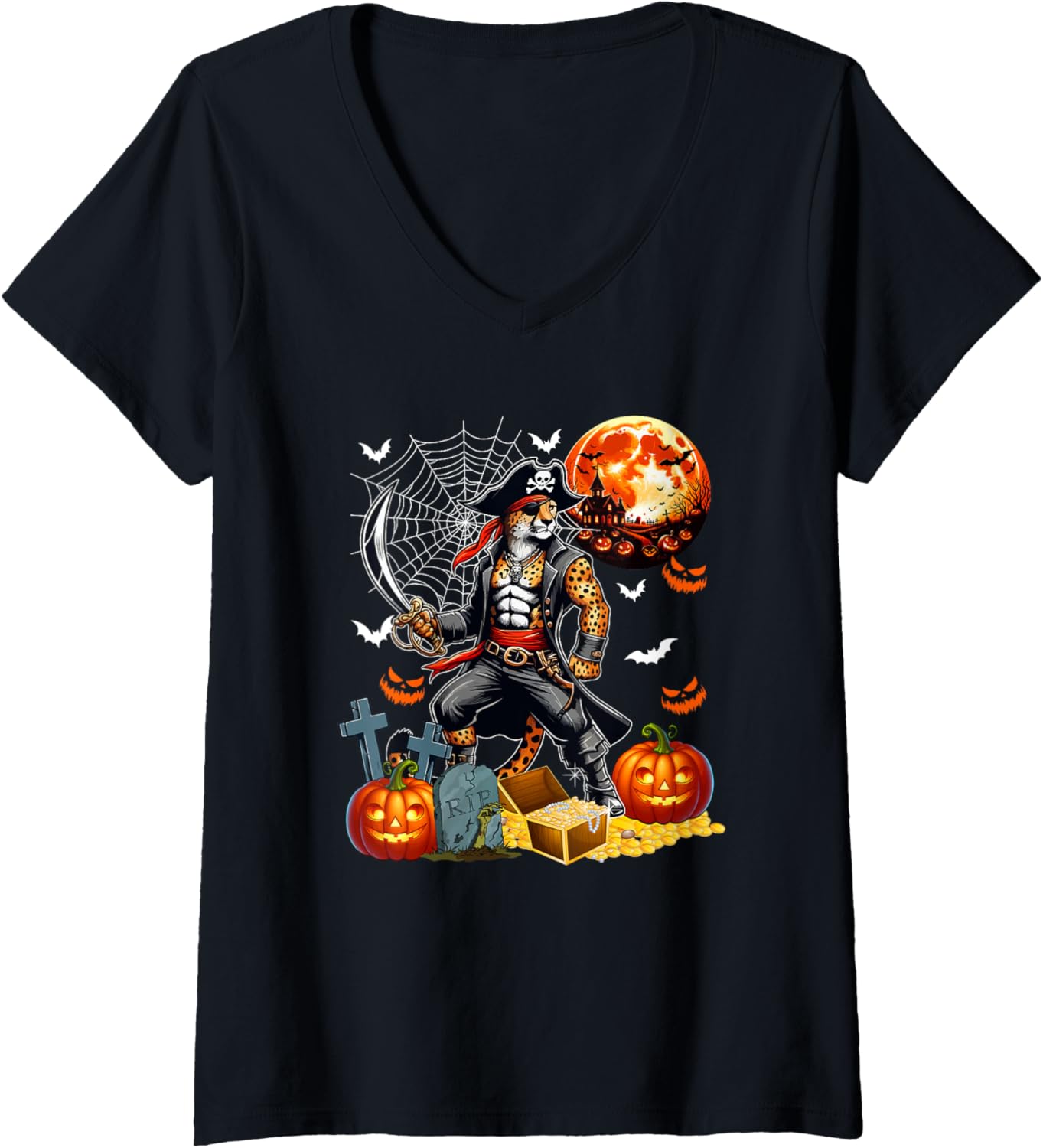 Womens Cheetah Cosplay Pirate Halloween Horror Carved Pumpkins V Neck Apparel Streetwear Style Hot Right Now