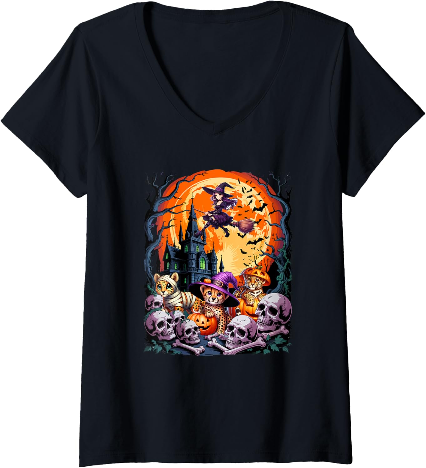 Womens Three Horror Cheetahs Cosplay Witch Mummy Halloween Moon V Neck Apparel Premium Print Hot Right Now