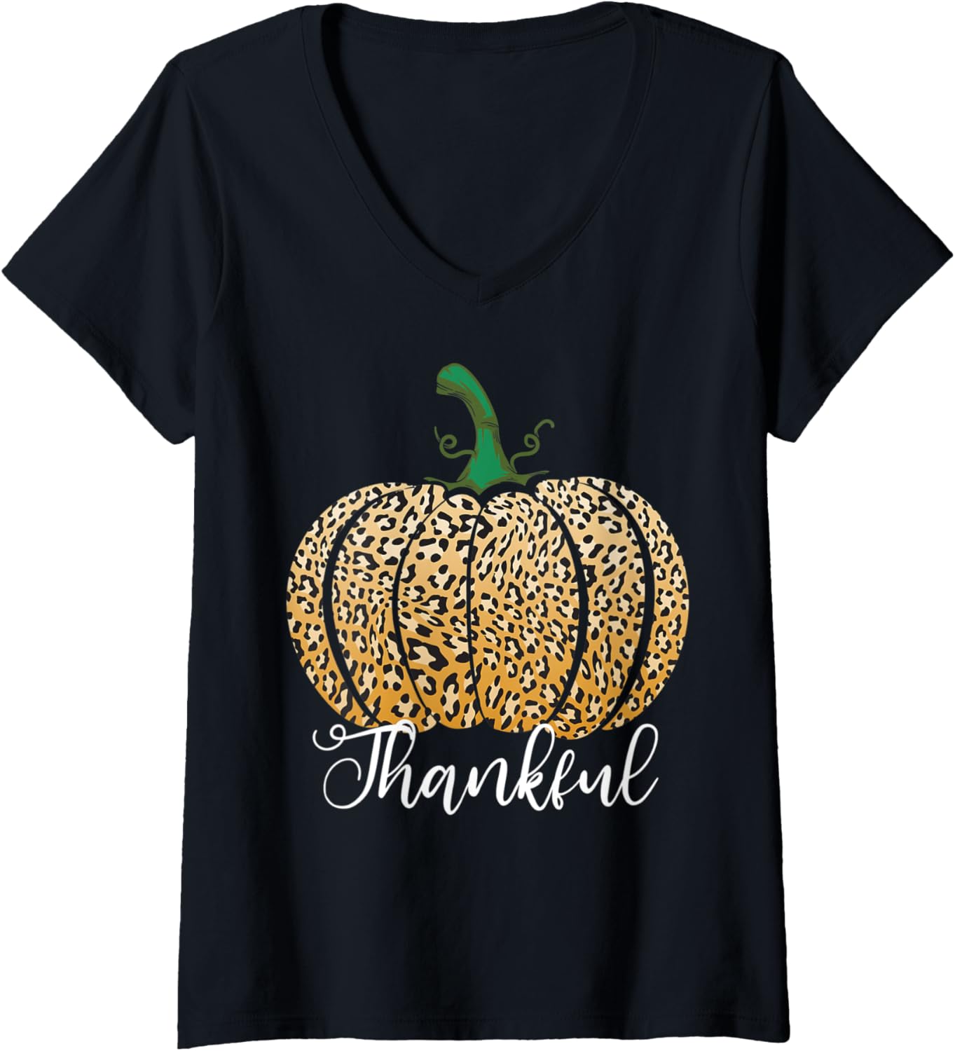 Womens Cool Thankful Funny Leopard Print Pumpkin Thanksgiving Gift V Neck Apparel Premium Print Best Seller Look