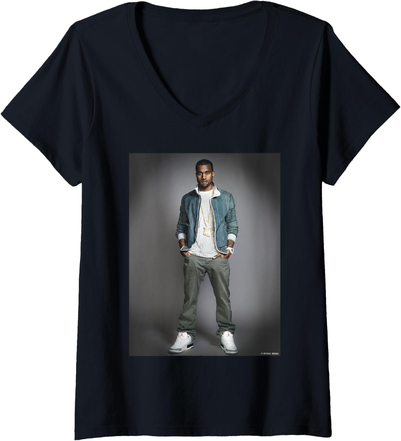 Womens Rap Artist Kanye West by Michael Grecco V-Neck Apparel | Premium Quality