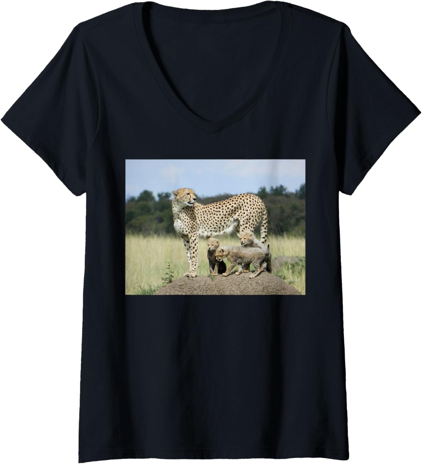 Womens Cheetah Mom With Her Three Cubs Shirt Tee For Nature Lovers V Neck T Shirt Trending US Best Seller Look