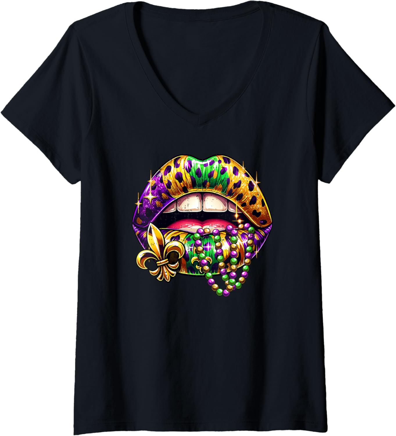 Womens Lips Mardi Gras Outfit Women Leopard Queen Cheetah Print V Neck Apparel Comfort Fit US Top Pick