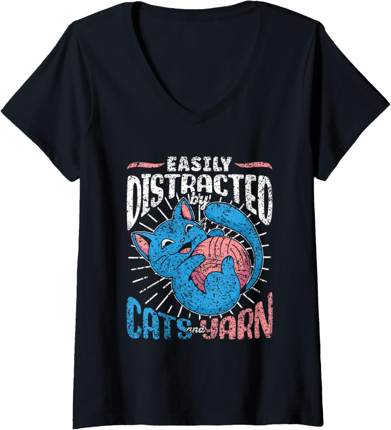 Easily Distracted By Cats And Yarn Knitter Knit Knitting V-Neck Yarn Supply | Top Rated | Perfect for Crafters