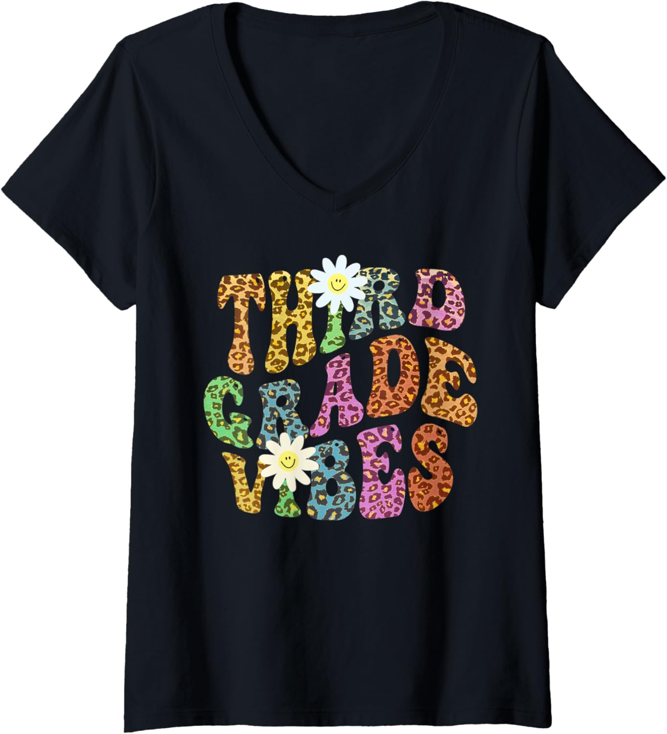 Womens Groovy THIRD GRADE VIBES Teacher Leopard Print 3rd Gr Retro V Neck Apparel Comfort Fit Best Seller Look