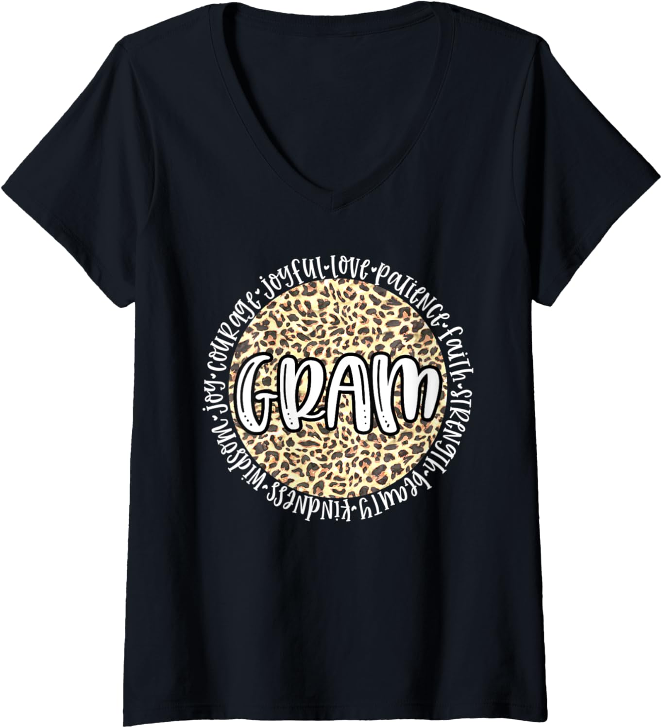 Womens GRAM Cheetah Leopard Print Circle Love Patience Black V Neck Apparel High Search Demand Gift Ready