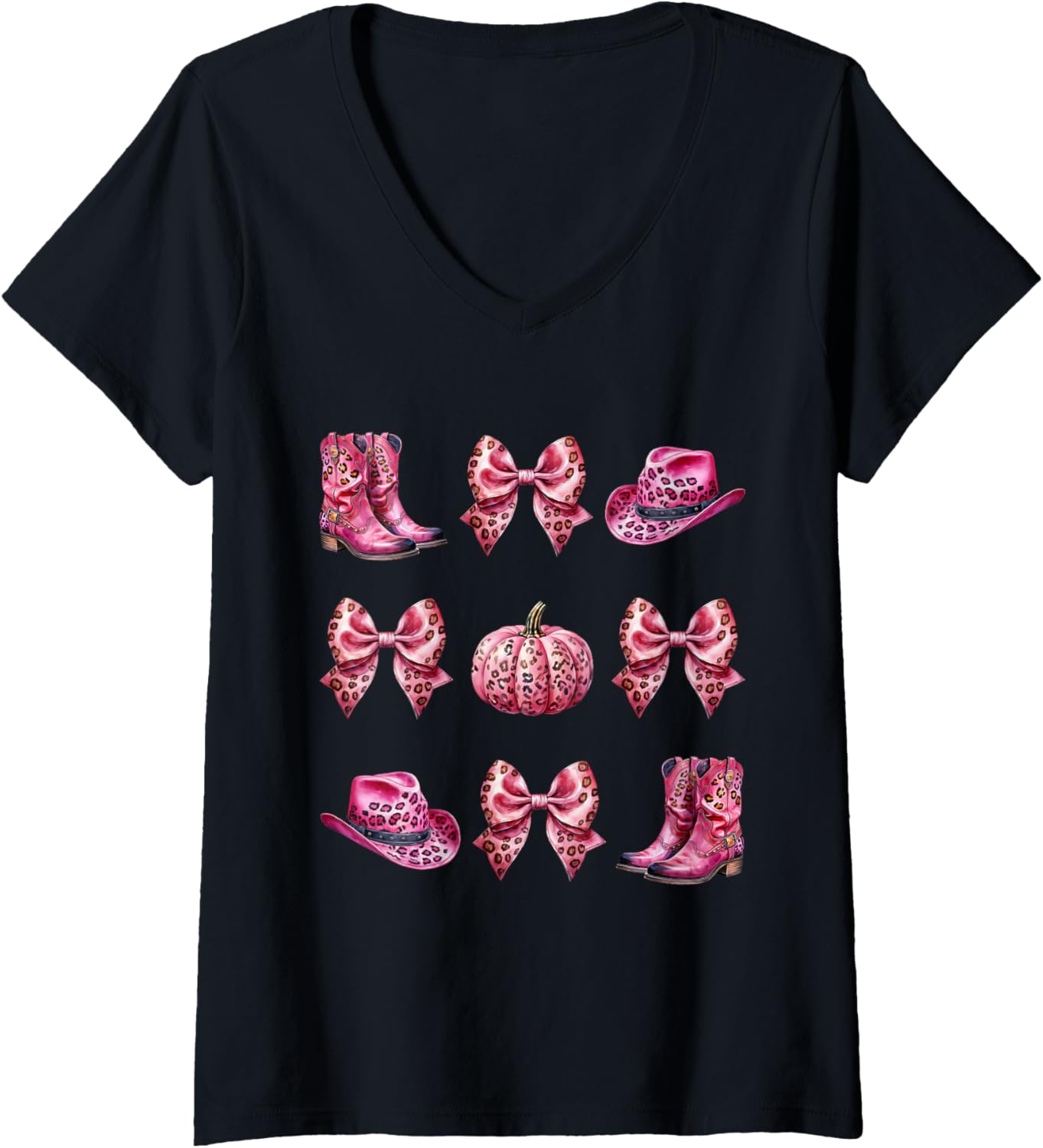 Womens Bow Western Boots Pumpkin Cheetah Pink Print Cowgirl Costume V Neck Apparel High Search Demand Gift Ready
