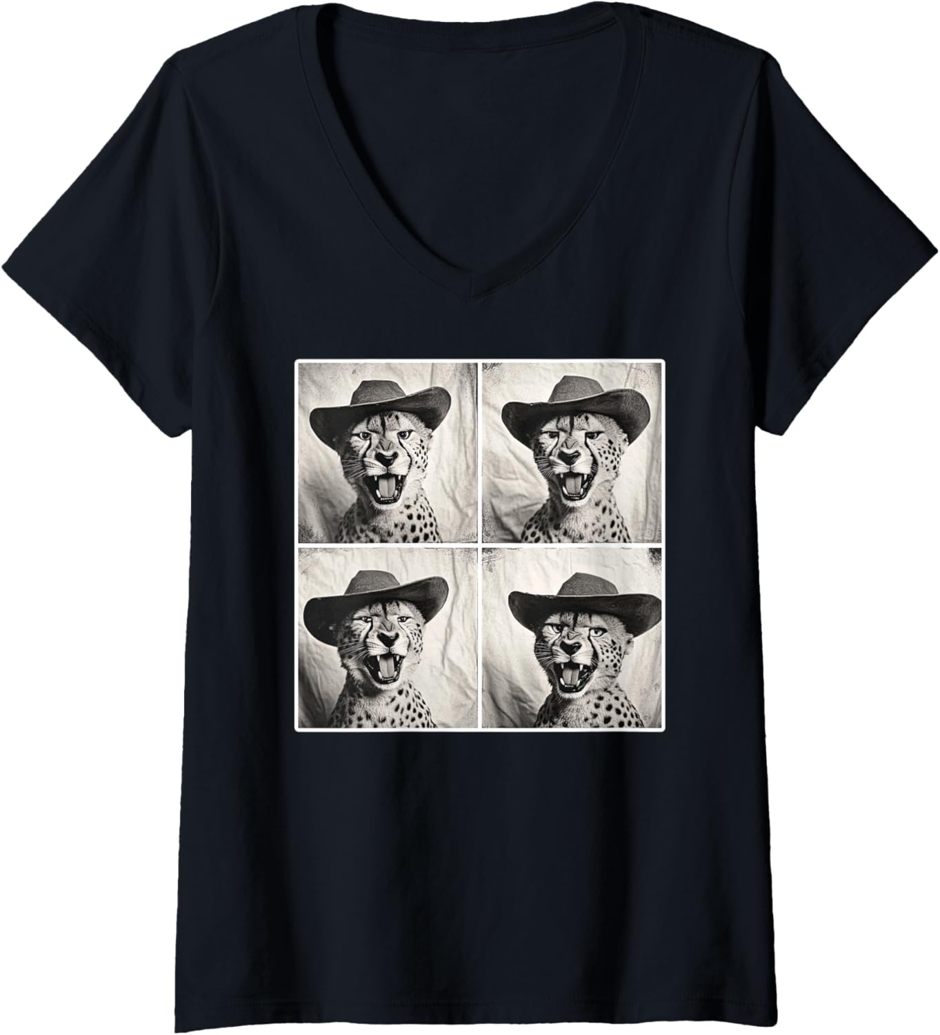 Womens Cheetah in Cowboy Hat Retro Photobooth Selfie Funny Zoo V Neck Apparel High Search Demand Fan Favorite