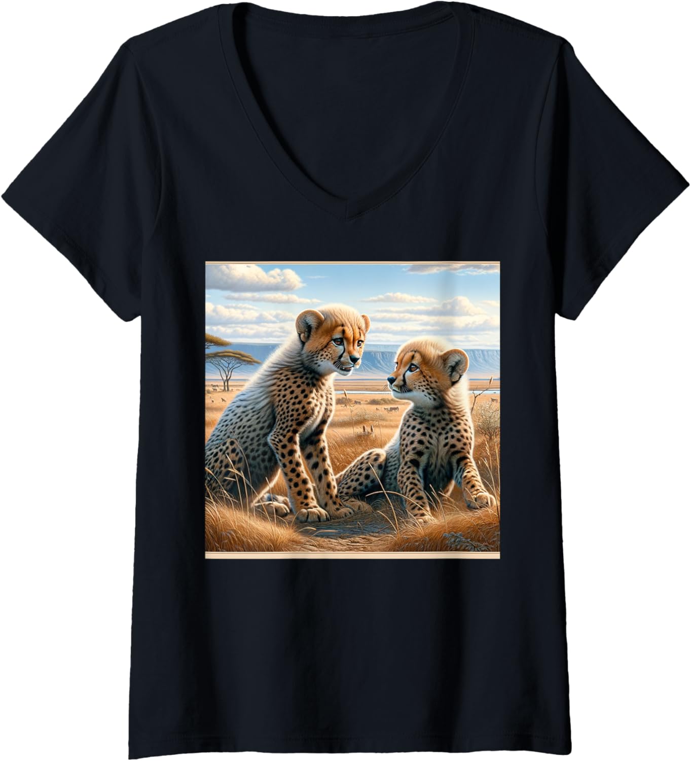 Womens Cheetah Cubs Serengeti Big Cats V Neck Apparel Streetwear Style Everyday Wear