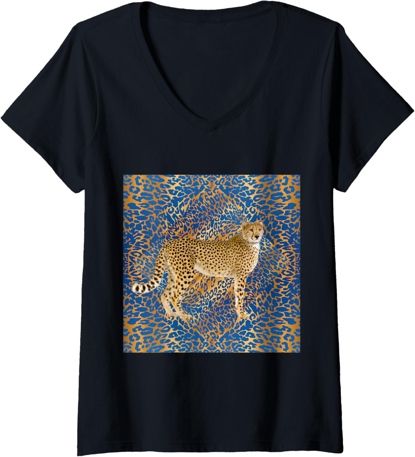 Womens CHEETAH PRINT IN GOLDEN AND BLUE WITH CHEETAH V Neck Apparel Streetwear Style Gift Ready