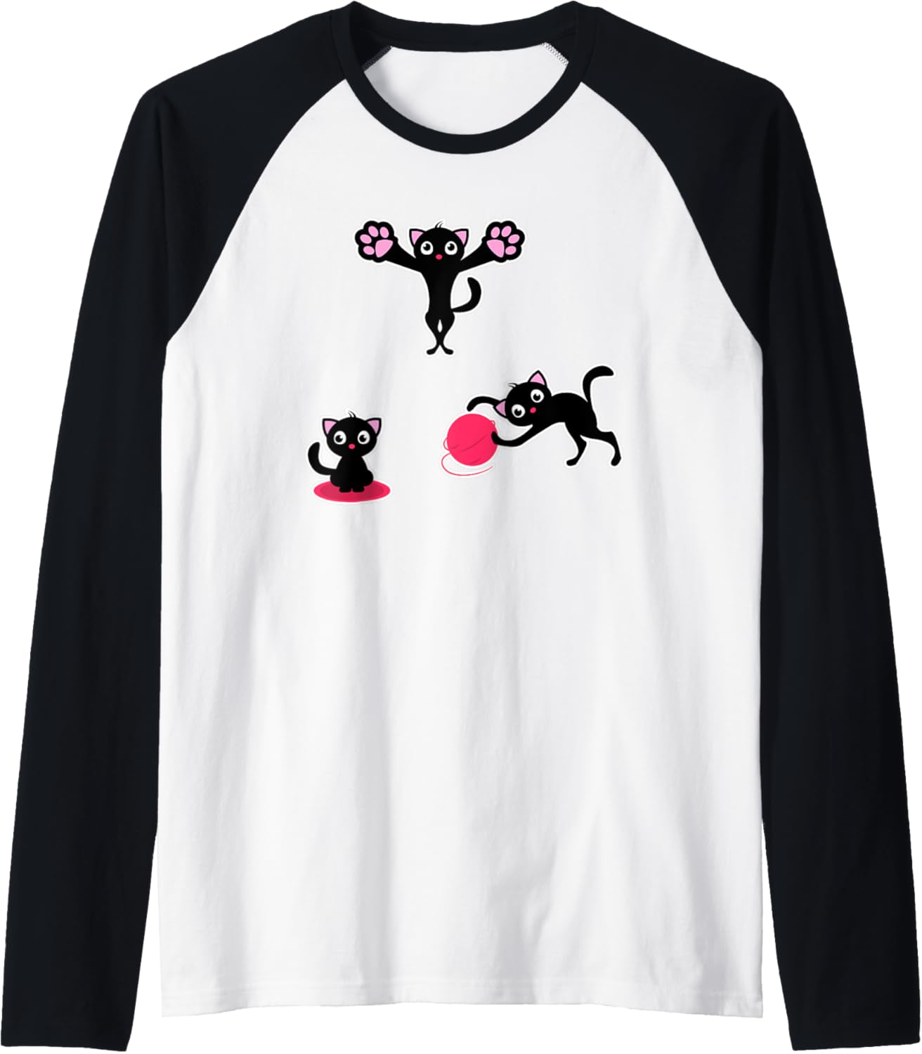 Funny Black Kittens Playing with Yarn T Shirt - Cute Kitties Raglan Baseball Tee T-Shirt | High Search Volume | Custo...