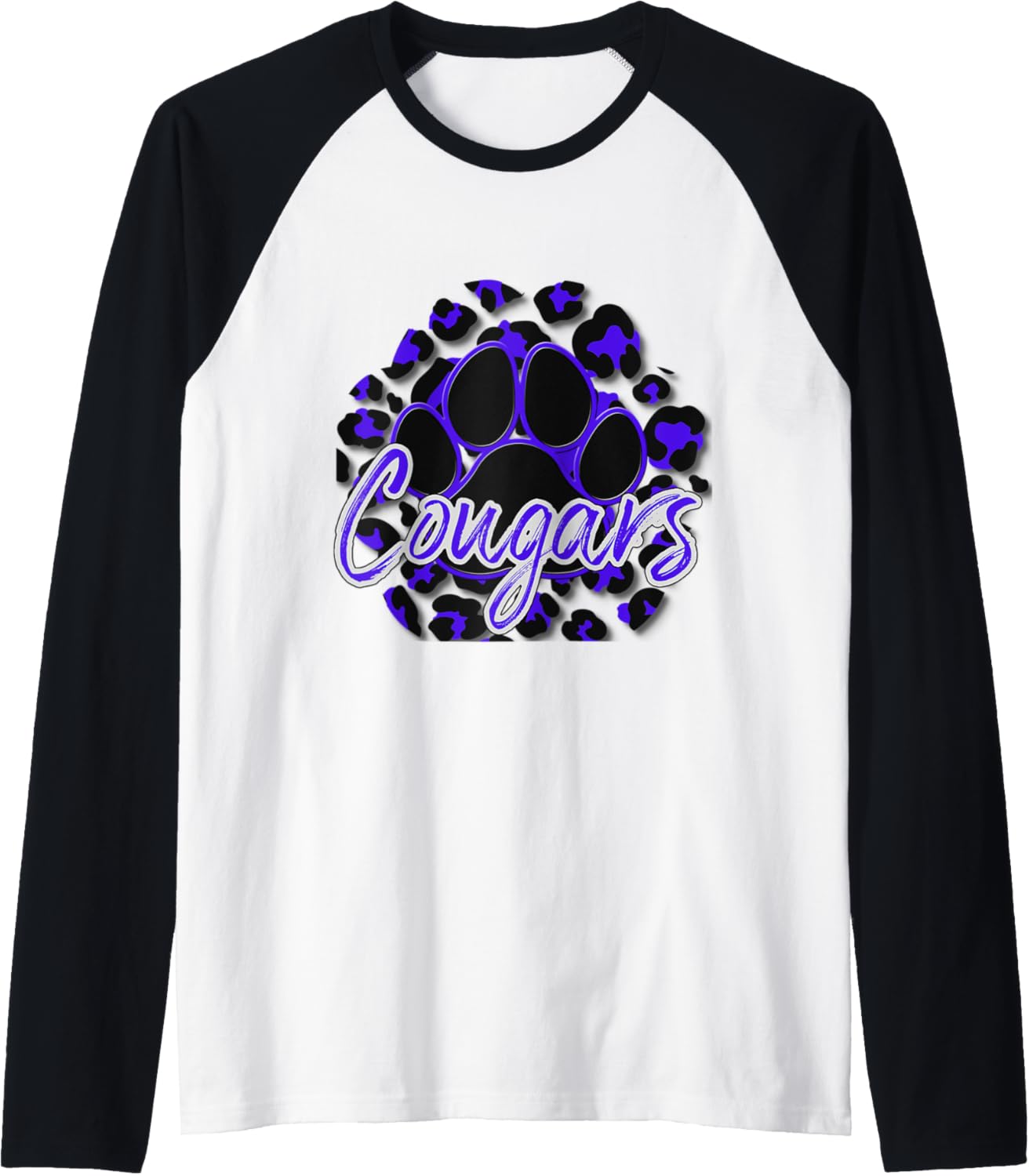 Cougar Purple Black Cheetah School Sports Fan Team Spirit Raglan Baseball Tee T Shirt Premium Print Fan Favorite