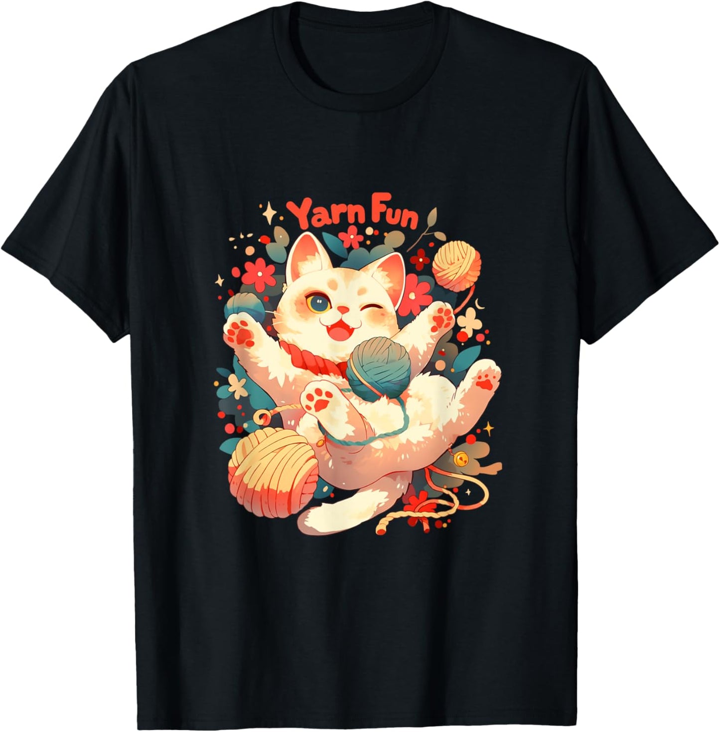 Playful Cute Cat Tangled In Colorful Yarn Balls Cat Lover T-Shirt for Men Women Kids T-Shirt | Viral US Pick | Best S...
