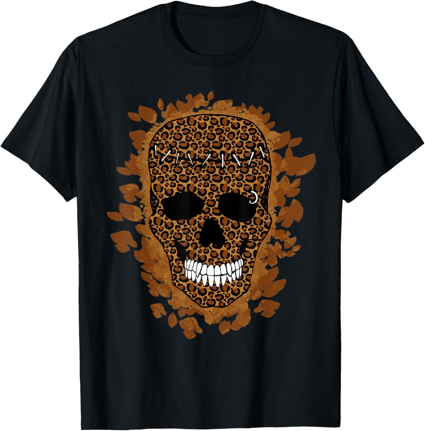 Smiling Leopard Print Skull Tee Fall Autumn Leaf Fashion T Shirt High Search Demand Hot Right Now