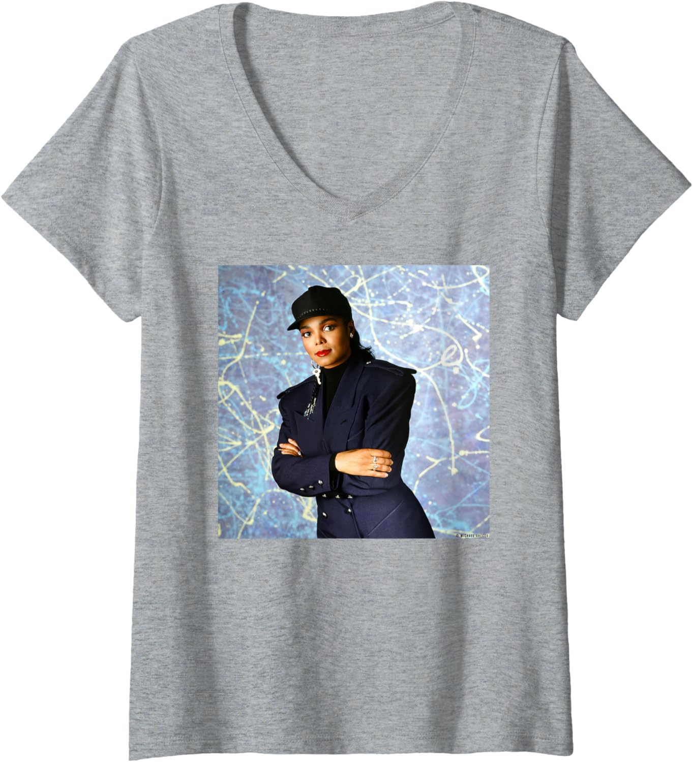 Womens Janet Jackson LA 1989 Portrait by Michael Grecco V-Neck Apparel | US Best Seller