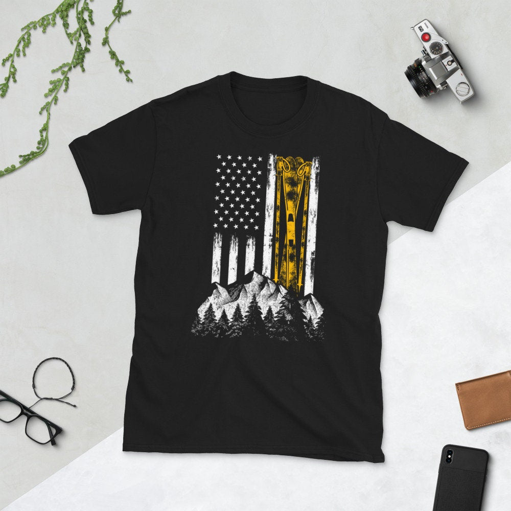 Skier US Flag with Ski and Mountain Winter Sports T Shirt Graphic Tee – Soft Feel · High-Quality Print