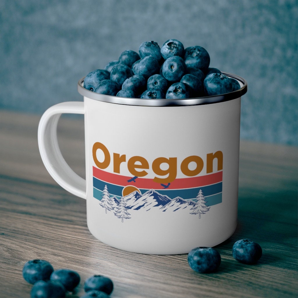 Oregon Camp Mug 12oz Mountain Sunset Enamel Campfire Oregon Mug Personalization Available Graphic Tee – Cozy Vibes · Top Pick For Any Outfit