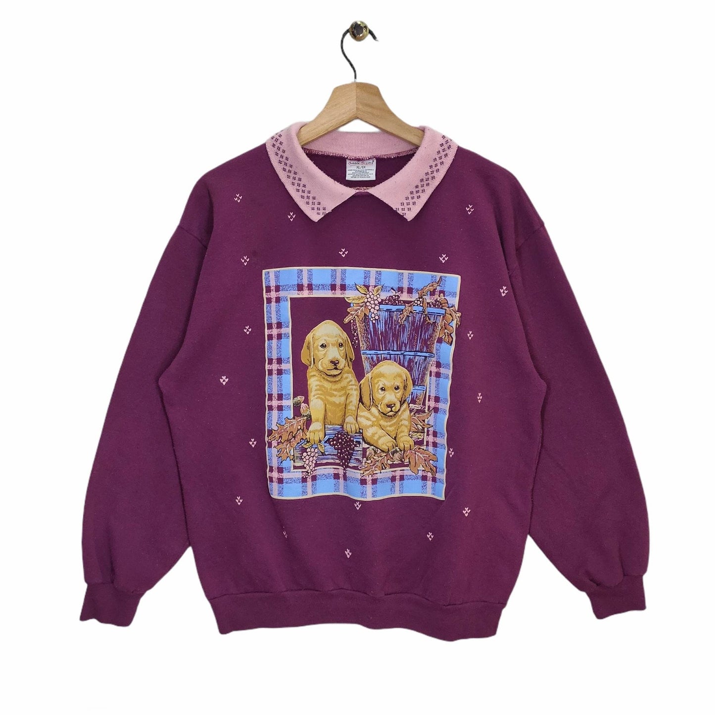 90s Bobbie Brooks Sweatshirt Large Vintage Puppy Sweater Dog Jumper Animal Graphic Pet Purple Large Sweatshirt – Easygoing Wear · Great Gift For Fans