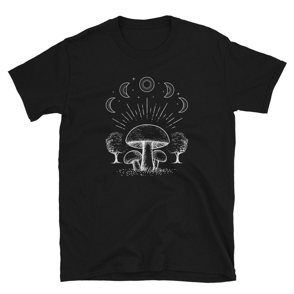 Moon Phases and Magic Mushroom Hunter Unisex T Shirt Graphic Tee – Soft Feel · High-Quality Print