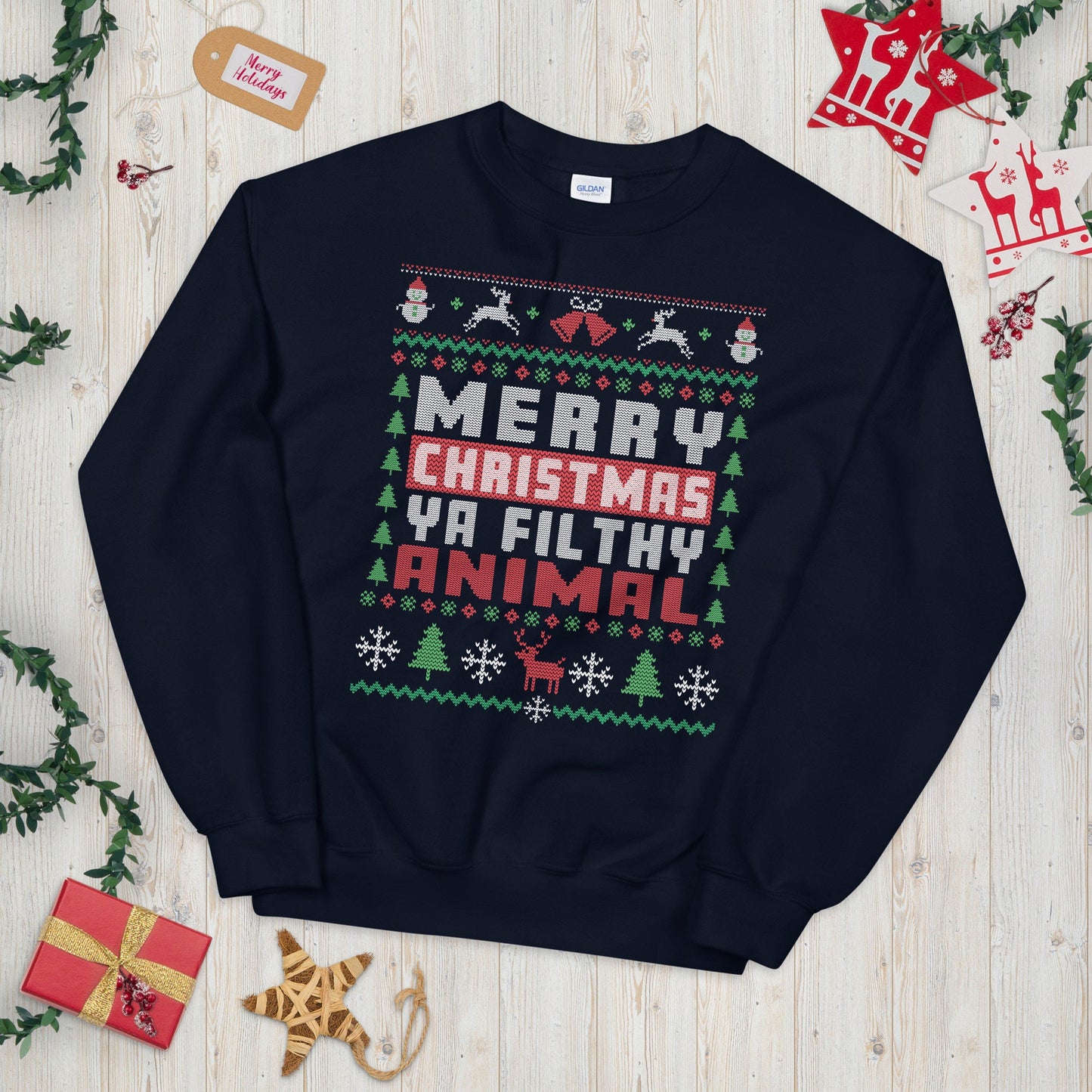 Merry Christmas Filthy Animal Ugly Christmas Sweater Graphic Tee – Warm & Stylish · High-Quality Print