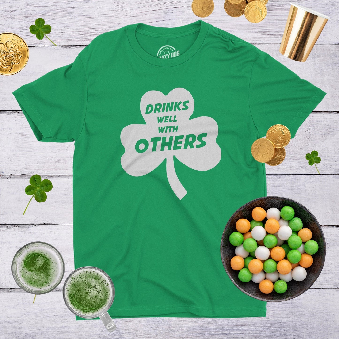St Patricks Day Shirt Man Drinks Well With Others Shirt Shamrock Shirt Men Green Irish Party Shirt Four Leaf Clover Shirt Graphic Tee – Aesthetic Look · Top Pick For Any Outfit