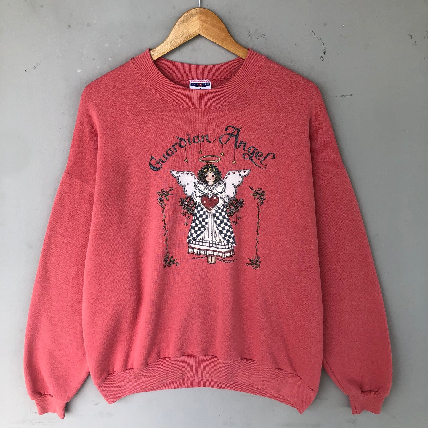 Vintage Y2K Jerzees Tag Guardian Angel Spellout Big Logo Printed Sweatshirt Crewneck Pullover Sweater Baggie Colour Soft Pink Size X Large Sweatshirt – Bold Style · Trending Graphic Apparel