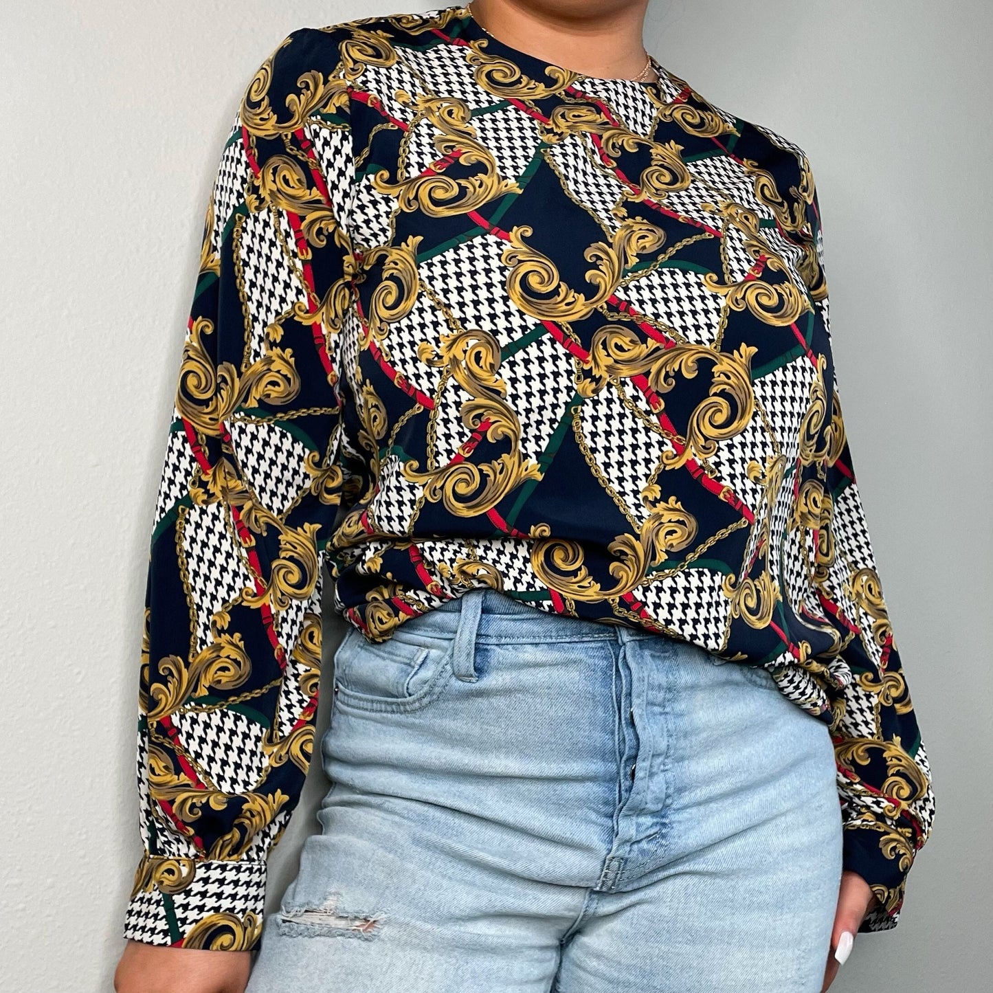 Chain Scarf Print Blouse Houndstooth Top Vintage 80s 90s Baroque Shirt Medium Large M L Graphic Tee – Warm & Stylish · Trending Graphic Apparel