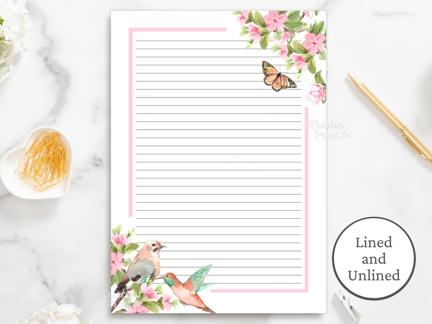 Bird Stationary Printable Spring Stationary Vintage Stationery Floral Writing Paper Floral Lined Paper Journal Paper Digital Download Graphic Tee – Warm & Stylish · High-Quality Print