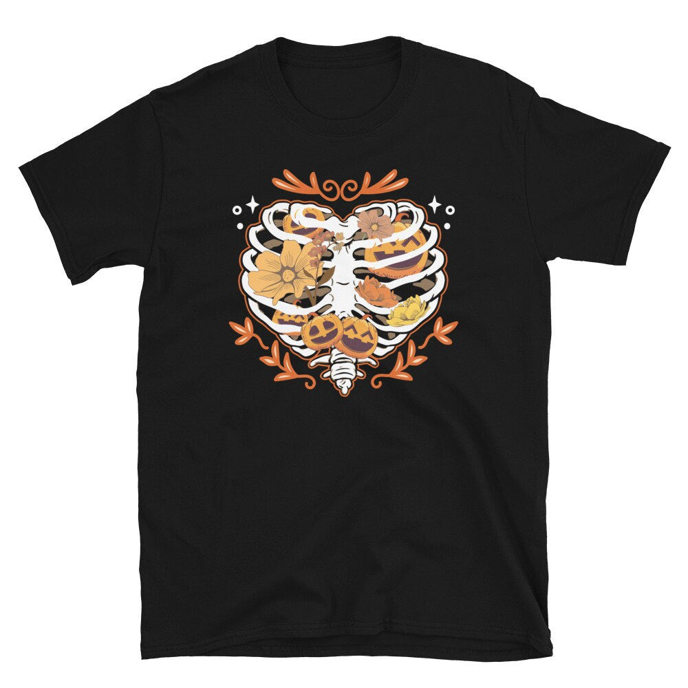Skeleton Halloween Shirt Heart Spooky Pumpkin Graphic Tee – Feel-Good Design · High-Quality Print