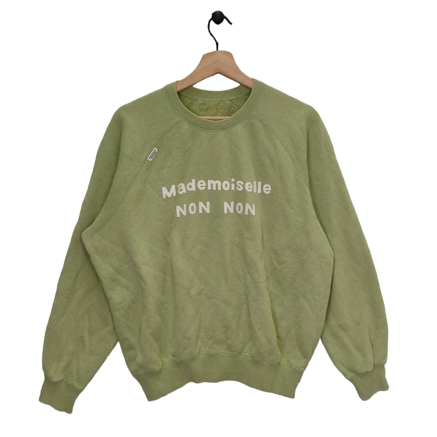 Mademoiselle Non Non Vintage Mademoiselle Jumper Army Green Crewneck American Streetwear Raglan Sweatshirt Large Sweatshirt – Soft Feel · High-Quality Print